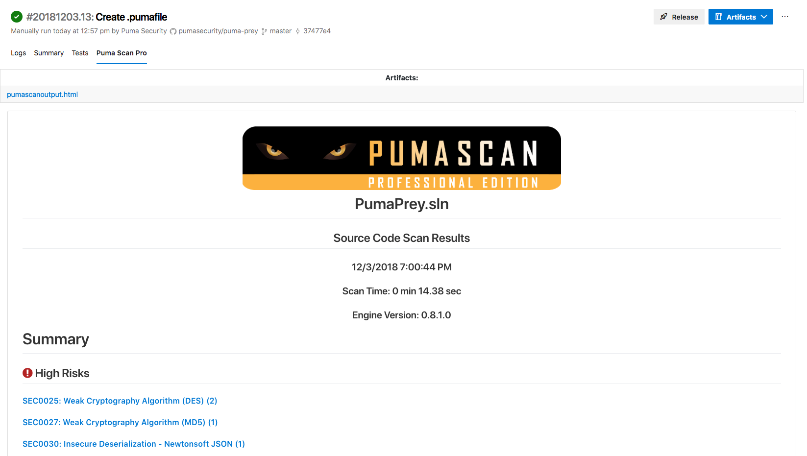 View the Puma Scan Results and Build Artifacts