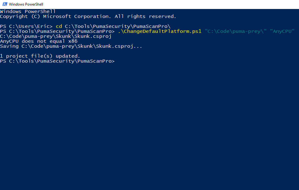 Puma Scan command line interface setting the default platform